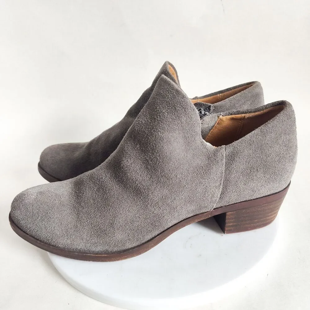 Lucky Brand Brett Gray Suede Ankle Boots Size 6 Zip Low Top‎ Boho Preppy Braided